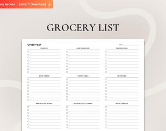 Druckbare Einkaufsliste-Vorlage für die Einkaufsorganisation, Digitaler PDF-Lebensmittelgeschäftplaner für die Küche, bearbeitbare befüllbare Einkaufsliste