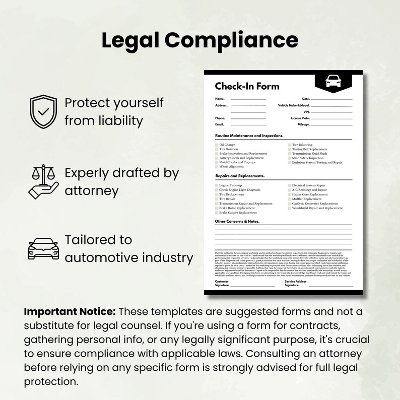 Auto Repair Customer Check in Sheet Template Vehicle Maintenance Client ...