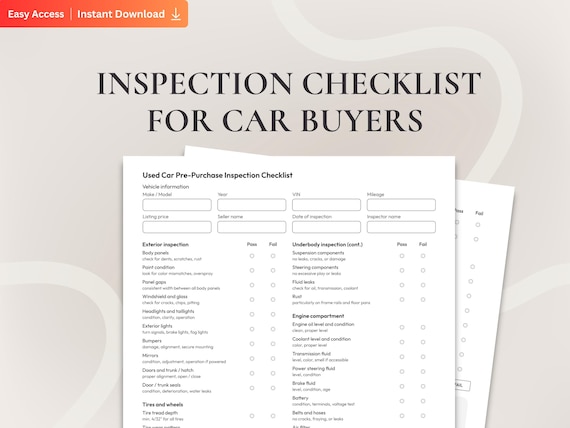 Used Car Inspection Checklist, Vehicle Pre-Purchase Inspection Form, Printable Vehicle Checklist PDF for Buyers, Car Buying Checklist