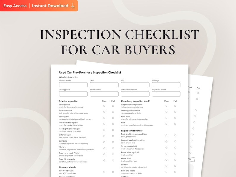 Gebrauchtwageninspektionscheckliste, Fahrzeuginspektionsformular vor dem Kauf, druckbare Fahrzeugcheckliste PDF für Käufer, Checkliste für den Autokauf Bild 1