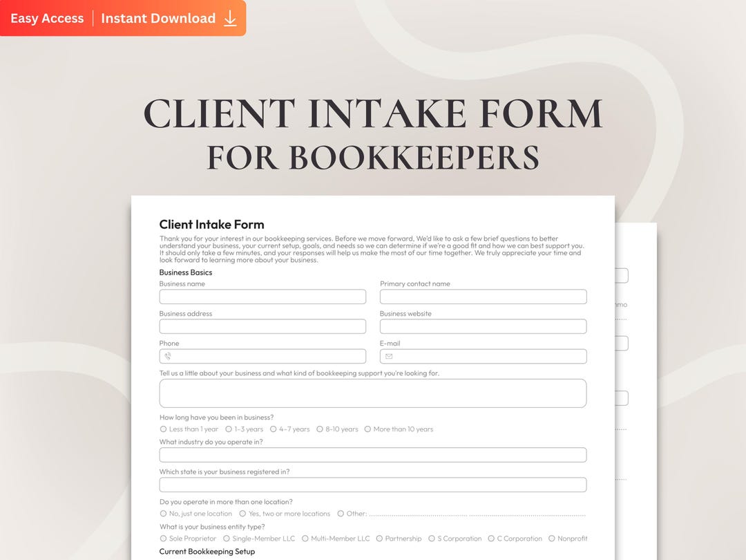 Client Intake Form for Bookkeepers, Printable and Fillable Bookkeeping ...