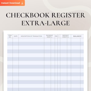 EXTRA-LARGE Print Checkbook Register, Large Print Check Register Sheet, 8.5 x 11 Printable Ledger Book, XL Landscape Checkbook Register Log