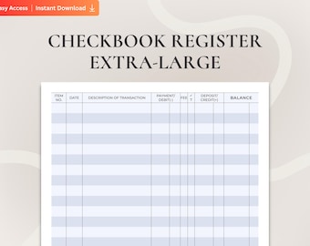 EXTRA-LARGE Print Checkbook Register, Large Print Check Register Sheet, 8.5 x 11 Printable Ledger Book, XL Landscape Checkbook Register Log