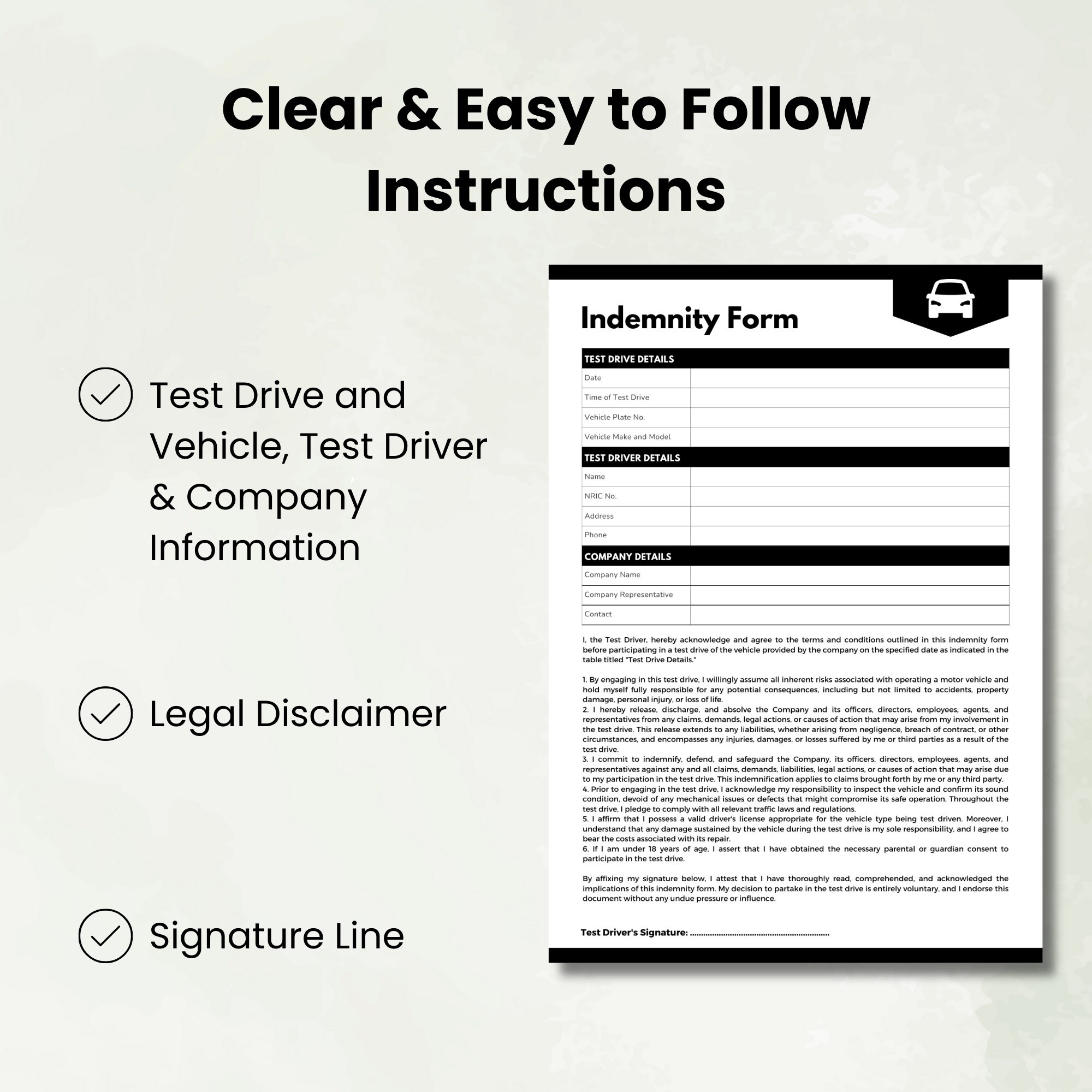 Test Drive Indemnity Form Template Test Drive Liability - Etsy