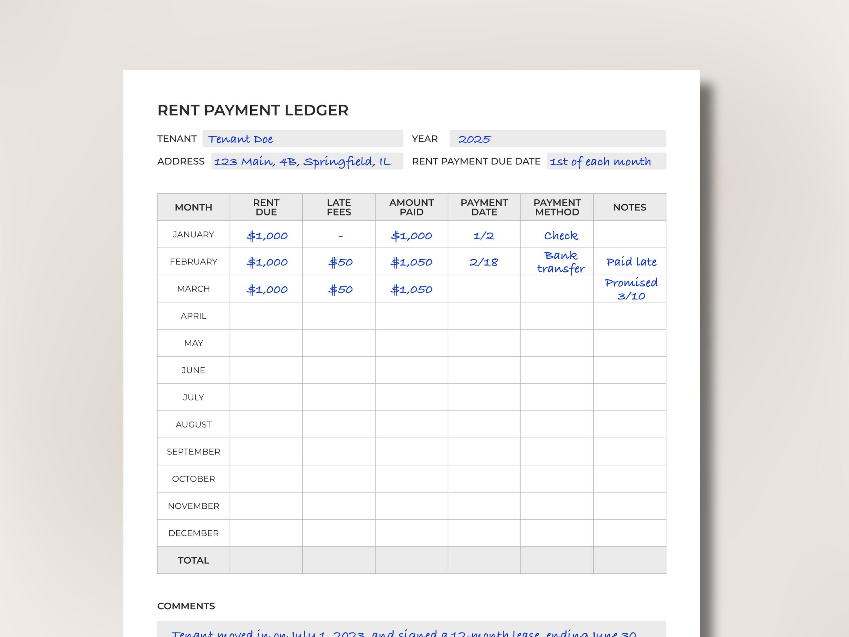 Printable Rent Payment Ledger for Landlords and Property Managers ...