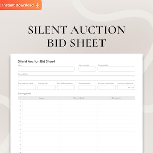 Silent Auction Bid Sheet PDF, Printable and Fillable Auction Bid Form, School Fundraiser Sheet, Charity Auction Form, Event Bidding Sheet