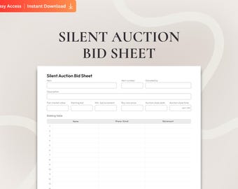 Silent Auction Bid Sheet PDF, Printable and Fillable Auction Bid Form, School Fundraiser Sheet, Charity Auction Form, Event Bidding Sheet