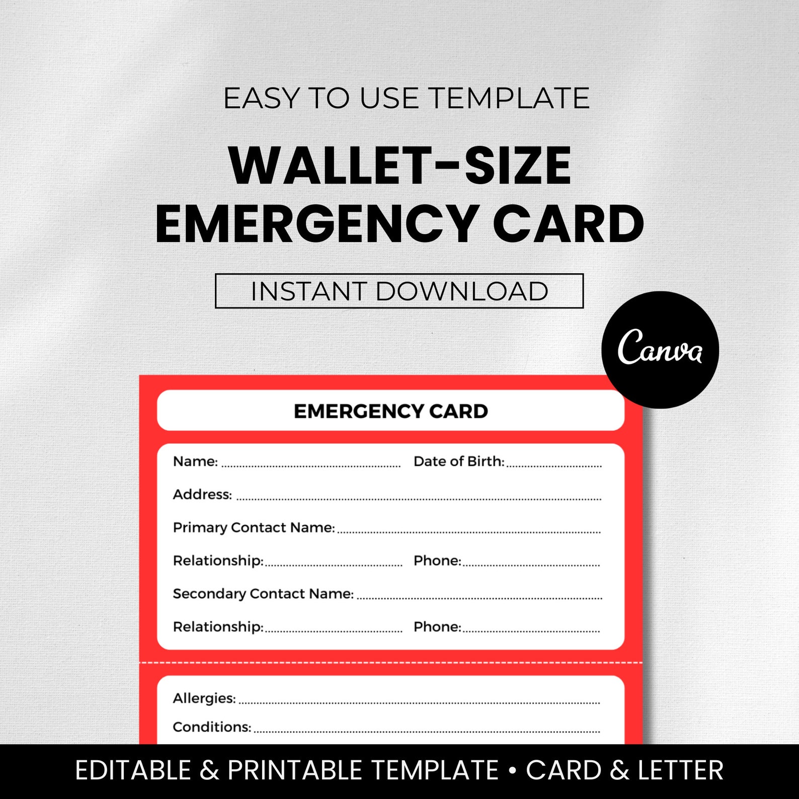 Printable Emergency Card Template Emergency Card for Wallet Emergency Printable Emergency Card Template Emergency Card for Wallet Emergency