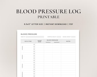 Blood Pressure Log Printable • Blood Pressure Chart • Blood Pressure Tracker Sheet • Weekly Blood Pressure Log • BP Chart | Printable PDF