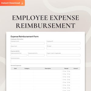 Op de afbeelding: Een wit onkostenvergoedingsformulier met de titel "EMPLOYEE EXPENSE REIMBURSEMENT" in grote, donkere letters. Het formulier bevat velden voor werknemersinformatie en onkosten.