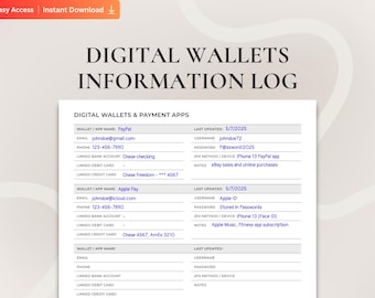 Digital Wallet & Payment App Tracker for Apple Pay, Google Pay, PayPal, Venmo, Zelle, Cash App, Account Details Logbook and Password Tracker