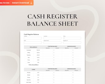 Hoja de balance de caja imprimible, registro diario de caja rellenable en PDF, registro de conteo de caja, registro para pequeñas empresas, registro de caja