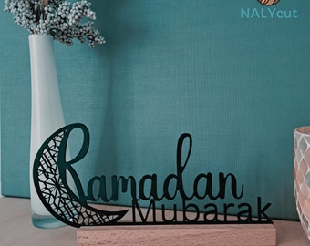 Ramadan free-standing table sign, decoration with half moon made of acrylic glass and wooden base. Ramadan Mubarak