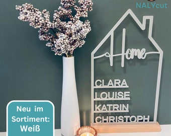 House with name, made of acrylic glass or wood, personalized decorative wall housewarming gift, door sign family, topping out ceremony, Mother's Day, moving