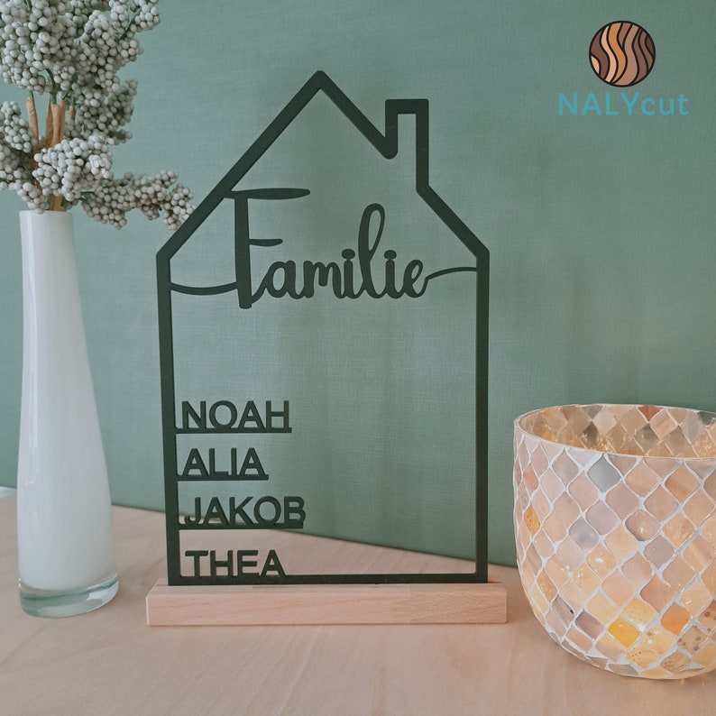 House with name, made of acrylic glass or wood, personalized decorative wall housewarming gift, door sign family, topping out ceremony, Mother's Day, moving Familie