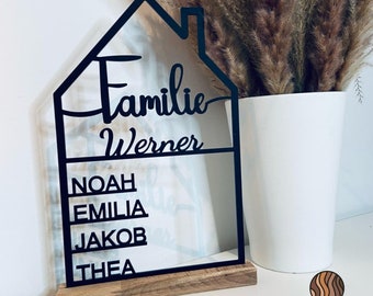 Haus mit Namen, Familienname, aus Acrylglas oder Holz, personalisierte Deko Einzugsgeschenk, Türschild, Richtfest, Muttertag, Umzug