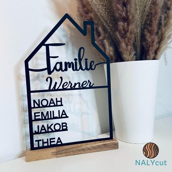 Haus mit Namen, Familienname, aus Acrylglas oder Holz, personalisierte Deko Einzugsgeschenk, Türschild, Richtfest, Muttertag, Umzug