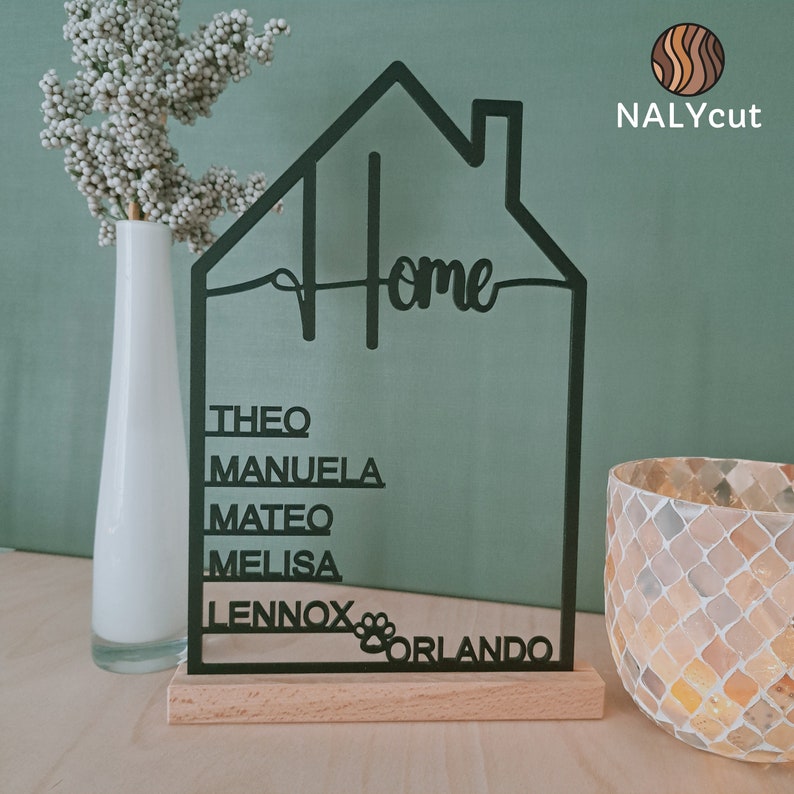 House with name, made of acrylic glass or wood, personalized decorative wall housewarming gift, door sign family, topping out ceremony, Mother's Day, moving Home