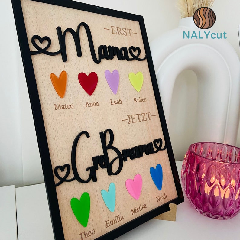 DIY Muttertaggeschenk, Erst Mama, dann Großmama, Schild aus Acrylglas und Holz Geschenk Mutter und Oma, personalisiertes Kinder Namensschild schwarz matt