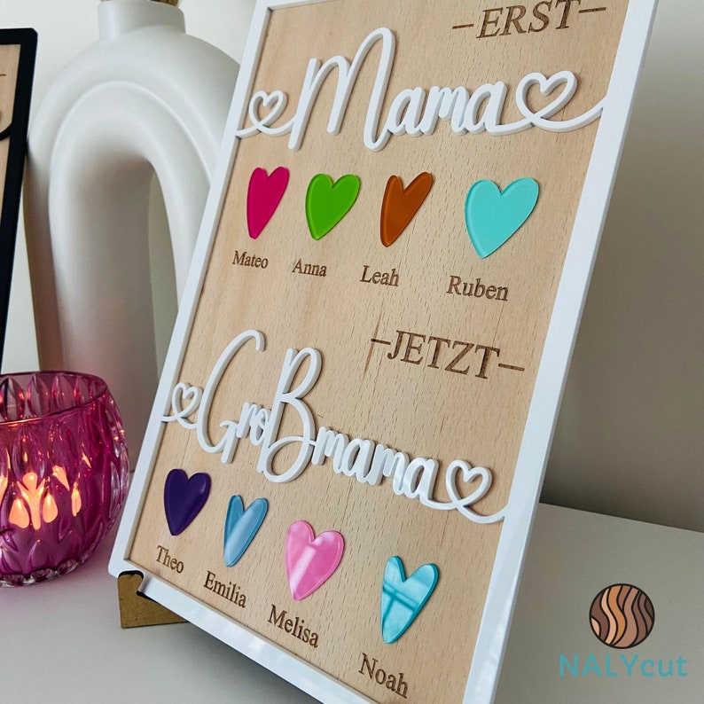 DIY Muttertaggeschenk, Erst Mama, dann Großmama, Schild aus Acrylglas und Holz Geschenk Mutter und Oma, personalisiertes Kinder Namensschild weiß glanz