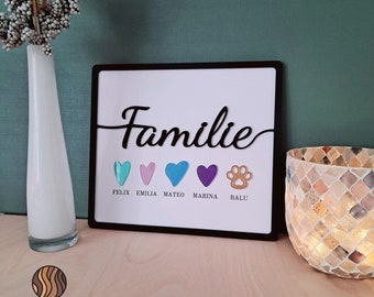 Muttertag Personalisiertes Familienschild mit Namen und Herzen, aus Acrylglas oder Holz,  Deko Einzugsgeschenk, Richtfest, Umzug