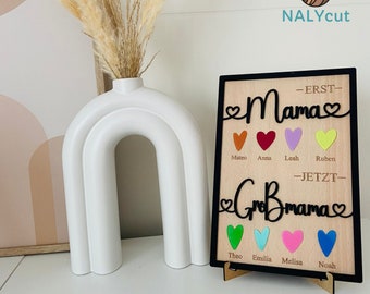 DIY Muttertaggeschenk, Erst Mama, dann Großmama, Schild aus Acrylglas und Holz Geschenk Mutter und Oma, personalisiertes Kinder Namensschild