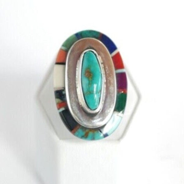 Navajo RICHARD BEGAY Mosaic Inlaid Sterling Ring Turquoise Coral Jade Vintage