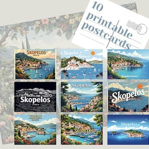 10 postales vintage de viajes turísticos de Skopelos, Grecia, para imprimir, arte imprimible, papel digital, tarjetas de descarga instantánea, islas griegas