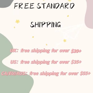 May include: A graphic with the words "FREE STANDARD SHIPPING" in black. The background has pastel colors and small yellow flower illustrations. The text also includes information about free shipping for different regions.