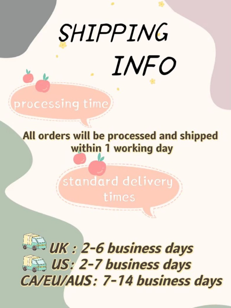 Peut inclure: Graphique avec le texte "SHIPPING INFO" en noir. Le texte est sur un fond clair avec des bulles de dialogue p&ecirc;che. Le texte comprend "processing time" et "standard delivery times".