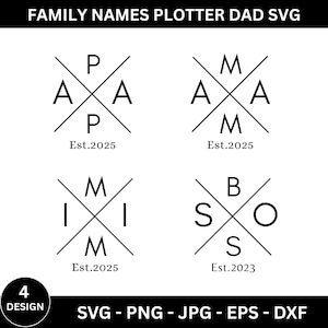 May include: Black and white digital design featuring family names in a cross-like arrangement. The design includes the text "FAMILY NAMES PLOTTER DAD SVG", along with file format options: SVG, PNG, JPG, EPS, and DXF.