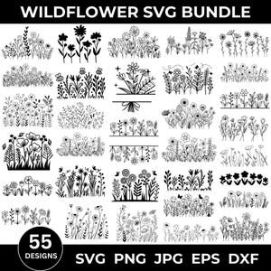 Könnte beinhalten: Ein schwarz-weißes digitales Kunstpaket mit 55 Wildblumen-Designs. Die Designs umfassen verschiedene Blumenarrangements, einzelne Blumen und dekorative Elemente. Das Bild enthält auch Dateitypoptionen: SVG, PNG, JPG, EPS und DXF.