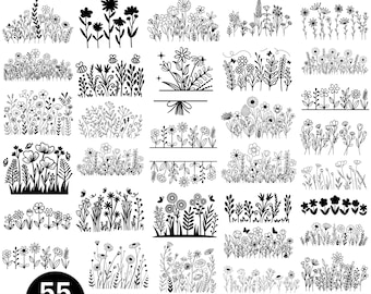 May include: A black and white digital art bundle featuring 55 wildflower designs. The designs include various floral arrangements, individual flowers, and decorative elements. The image also includes file type options: SVG, PNG, JPG, EPS, and DXF.