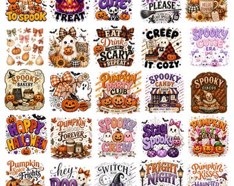 Puede incluir: Una colección de veinticinco diseños gráficos con temática de Halloween que incluyen calabazas, fantasmas, brujas y texto estacional. Las ilustraciones presentan motivos como tazas de café, lazos y hojas de otoño en una paleta de colores vibrantes.