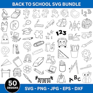 以下が含まれることがあります： 学校関連のアイテムの白黒イラスト集。顕微鏡、バックパック、数字、スクールバスなど。上部に「BACK TO SCHOOL SVG BUNDLE」、下部に「50 DESIGNS」と書かれています。「SVG - PNG - JPG - EPS - DXF」の文字も含まれています。