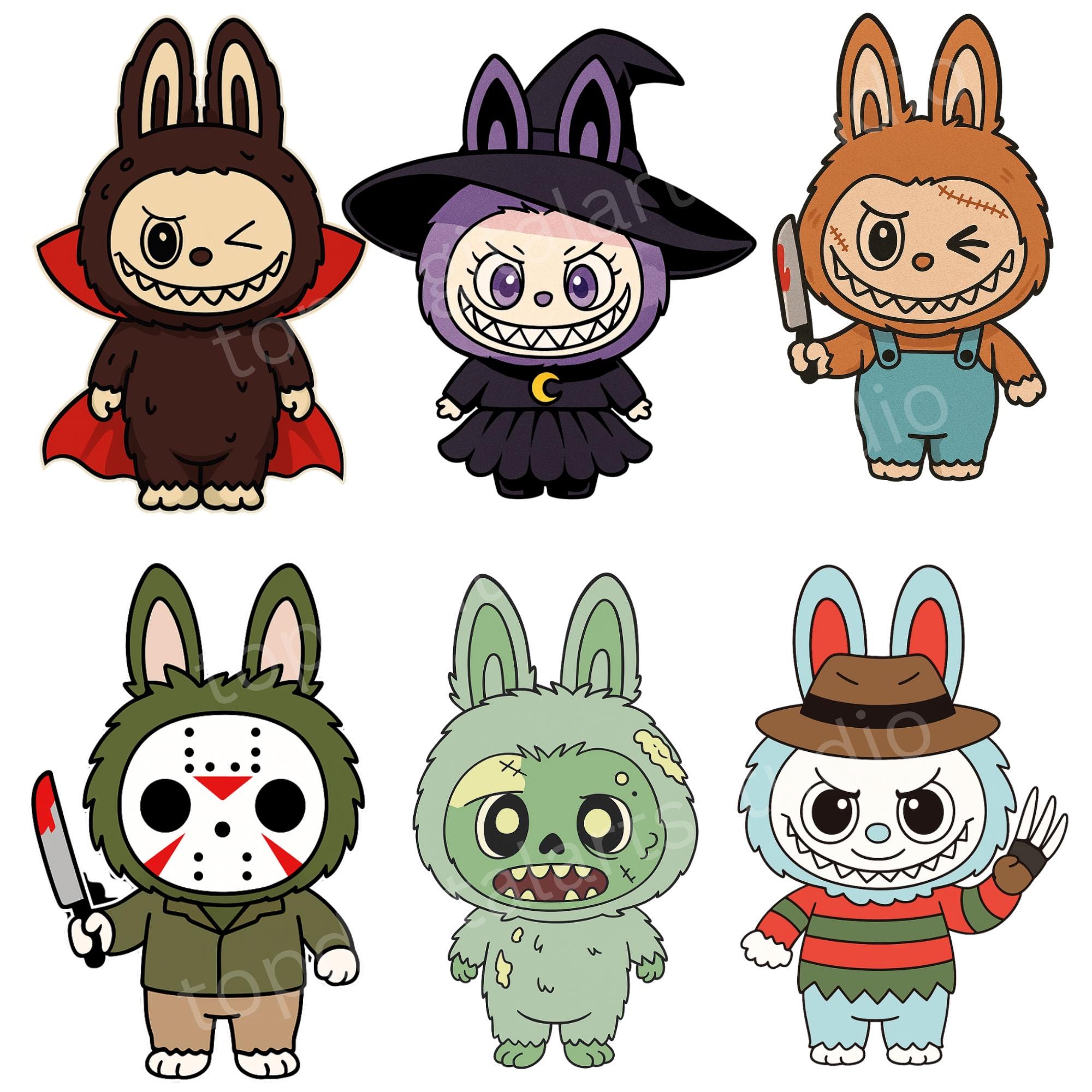 6 Monster Doll Halloween Png Bundle, Horror Movie Character Png, Halloween Labubu Png Bundle, Doll Halloween Png, Sublimation Design