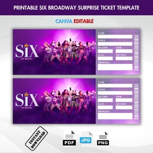 Bearbeitbare Sechs Broadway-Überraschungskarte, Theaterkarte, Sechs Musical-Karte, Ticketvorlage, Überraschungsgeburtstag, bearbeitbares Ticket-Pdf, druckbar