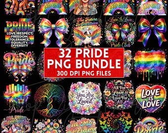 Puede incluir: Un conjunto de 32 archivos PNG con temática Pride. Las imágenes presentan colores arcoíris, corazones, mariposas y texto como "Love is Love" y "Equality Hurts No One". Ideal para proyectos de arte digital.