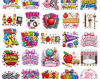 Puede incluir: Una colección de pegatinas coloridas con temática escolar que presentan manzanas, lápices y cuadernos antropomórficos, junto con diseños de texto como Back to School, Sixth Grade y Third Grade, decorados con lazos, estrellas y útiles escolares.