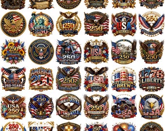 Puede incluir: Una colección de treinta emblemas circulares que celebran el 250 aniversario de los Estados Unidos, con imágenes patrióticas que incluyen águilas calvas, banderas estadounidenses, la Campana de la Libertad, la Estatua de la Libertad y fuegos artificiales.