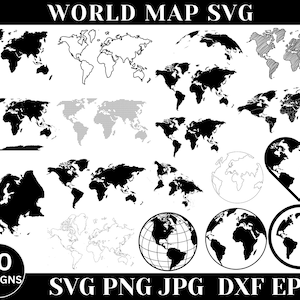 Pacote de Mapa-múndi Svg PNG, Mapa-múndi Svg, Mapa-múndi Dxf, Silhueta de Mapa-múndi, Mapa-múndi Vetorial, Arquivos Svg para Cricut, Download Digital