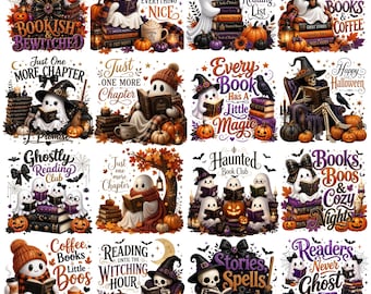 Puede incluir: Una colección de dieciséis ilustraciones digitales con fantasmas, esqueletos, calabazas y libros con textos de Halloween como Bookish & Bewitched y Haunted Book Club en varios colores otoñales.