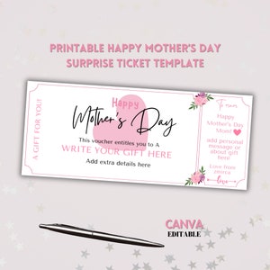 Bon modifiable pour la fête des mères, bon cadeau imprimable, billet surprise, billet pour un événement, cadeau fête des mères, bon d'achat à imprimer à la maison, téléchargement immédiat