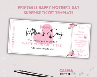 Editable Mother's Day Voucher, Printable Gift Voucher, Surprise Ticket, Event Ticket,Mothers Day Gift,Print At Home Voucher,Instant Download