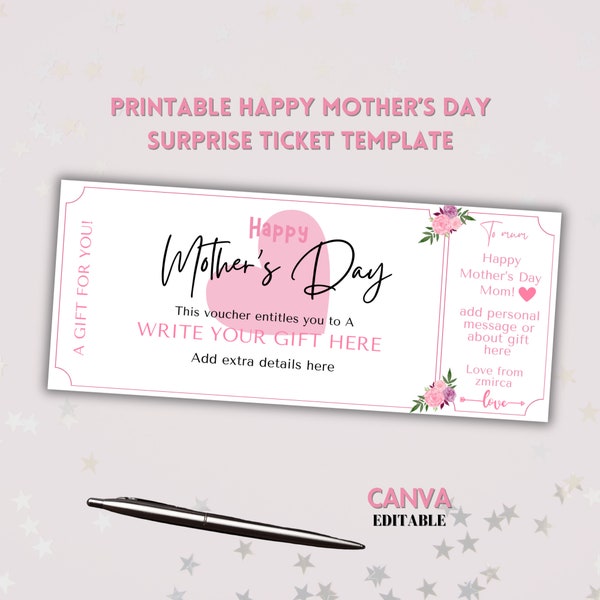 Editable Mother's Day Voucher, Printable Gift Voucher, Surprise Ticket, Event Ticket,Mothers Day Gift,Print At Home Voucher,Instant Download