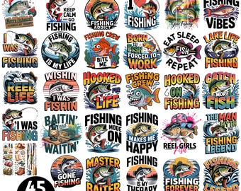 Puede incluir: Un conjunto de 45 diseños PNG con temática de pesca. Cada diseño presenta ilustraciones coloridas de peces, aparejos de pesca y textos como "Fishing Addict" y "Fishing Forever". Ideal para manualidades y crear productos relacionados con la pesca.