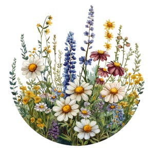 Pu&ograve; includere: Un dipinto ad acquerello di un mazzo di fiori selvatici in tonalit&agrave; di blu, giallo, bianco e viola. I fiori sono disposti in cerchio e includono margherite, lavanda e altri fiori selvatici.