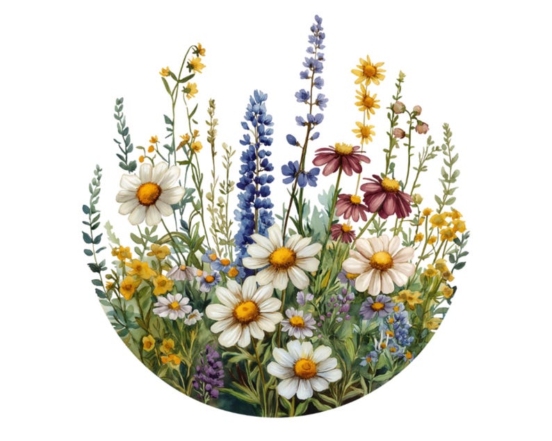 Pu&ograve; includere: Un dipinto ad acquerello di un mazzo di fiori selvatici in tonalit&agrave; di blu, giallo, bianco e viola. I fiori sono disposti in cerchio e includono margherite, lavanda e altri fiori selvatici.