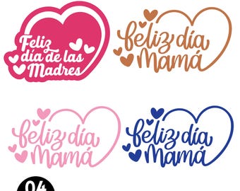 Puede incluir: Cuatro diseños SVG con los textos "Feliz Día de las Madres" y "Feliz día Mamá" en varios colores. Los diseños incluyen corazones y son adecuados para proyectos del Día de la Madre. La imagen también incluye información sobre el tipo de archivo.