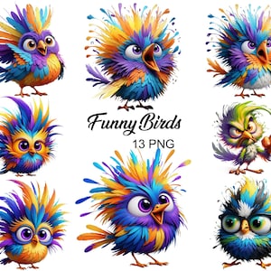 Funny Birds Watercolor Clipart Bundle, Funny Birds, Crazy Birds Clipart, Cute Birds Png, Commercial Use, Instant Download, Printable